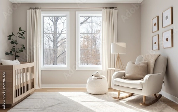 Fototapeta Modern Scandinavian style nursery with a neutral color palette and contemporary furnishings