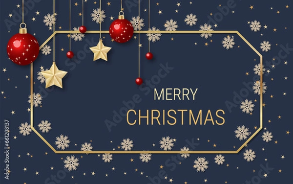 Obraz Christmas and New Year luxury vector illustration. Black background with golden stars, snowflakes and frame