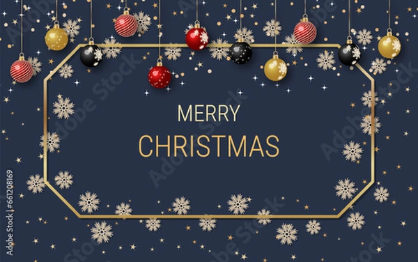 Fototapeta Christmas and New Year luxury vector illustration. Black background with golden stars, snowflakes and frame