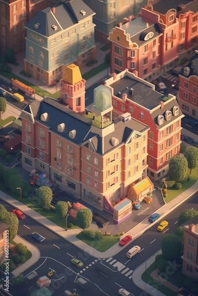 Obraz Illlustration of the busy city street with houses and cars.  Isometric style.