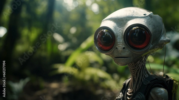 Fototapeta Alien with big eyes from outer space in the jungle.