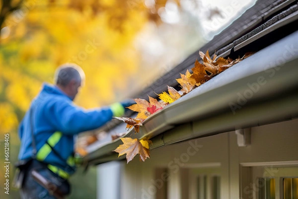 Fototapeta A person cleaning gutters by removing leaves