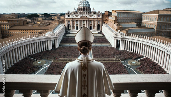 Fototapeta Historic Moment: Female Pope on Vatican Balcony. Generative AI.