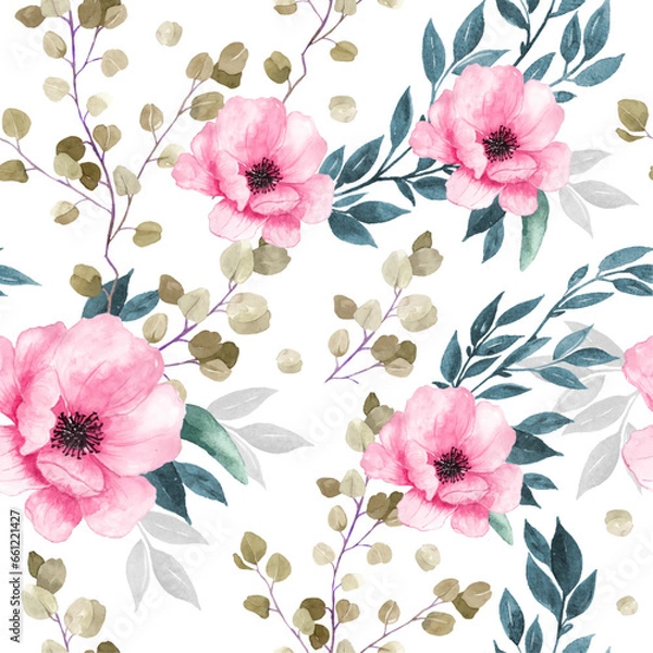 Obraz Seamless pattern of watercolor style leaves and flowers for textile and wallpaper background.