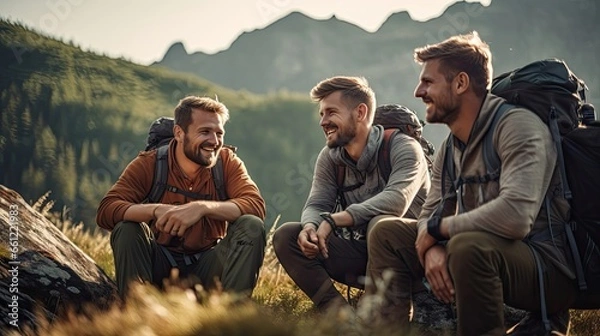 Fototapeta A group of adventurous men hike and camp in the mountains while enjoying the scenery