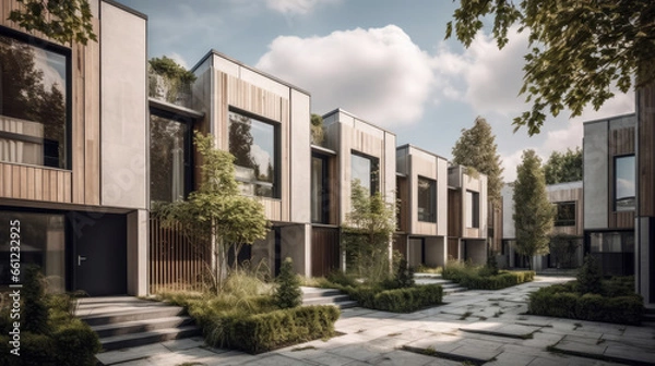 Fototapeta Futuristic urban living: geometric cubic shaped modern houses creating a visually striking and contemporary architectural landscape