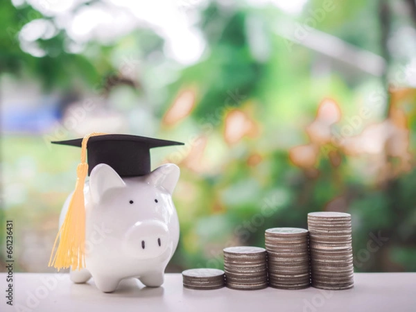 Fototapeta Piggy bank with graduation hat and stack of coins. The concept of saving money for education, student loan, scholarship, tuition fees in future