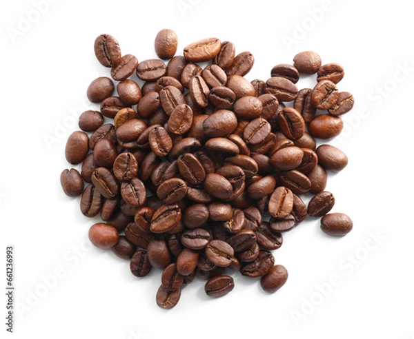 Fototapeta Pile of roasted coffee beans isolated on white, top view