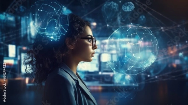 Fototapeta internet, futuristic, metaverse, innovative, technology, Digital technology, internet network connection, big data, digital marketing IoT internet of things. Woman using modern computer.