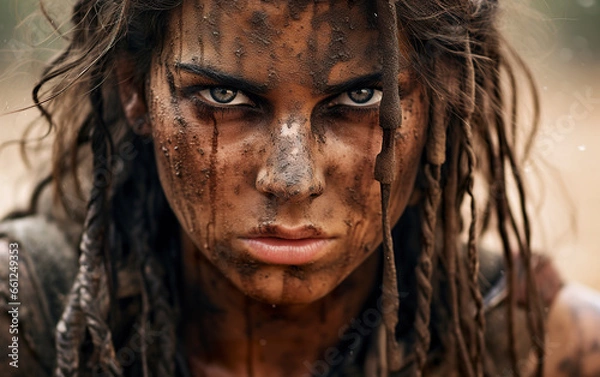 Fototapeta A portrait of a young Israeli tribeswoman in battle. Young angry woman with wild eyes in battle amid wet terrain mud. Battle for territory.