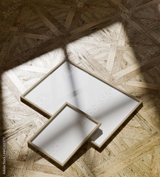 Obraz a bunch of wooden frame mockup poster on the wooden floor. aesthetic frame mockup