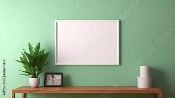 Fototapeta Mock up photo frame green wall mounted on the wooden cabinet.