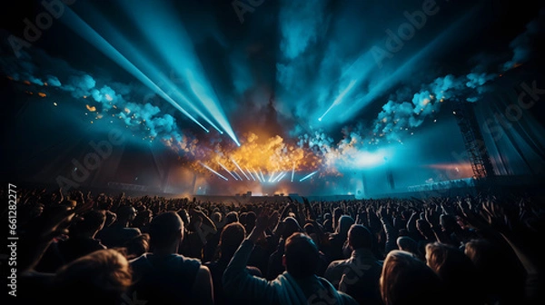 Obraz Concert crowd with colorful stage lights and confetti,night music festifal