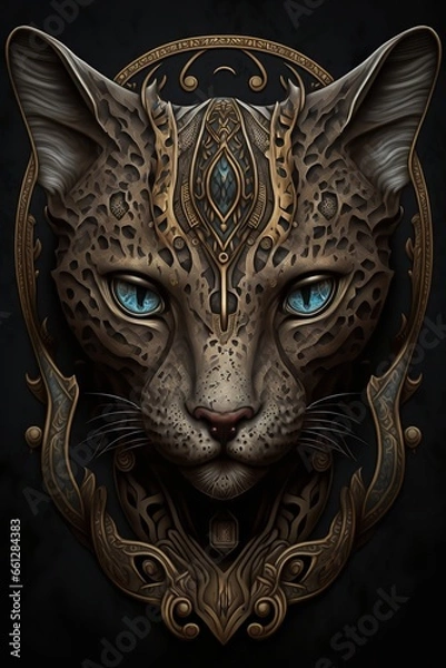 Fototapeta a leopard cat with blue eyes and a mandala on its head. The cat is wearing a leopard print and has a mandala on its head.