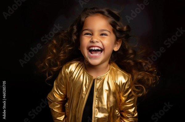 Fototapeta Photo of Caucasian girl in gold clothes on brown background smiling