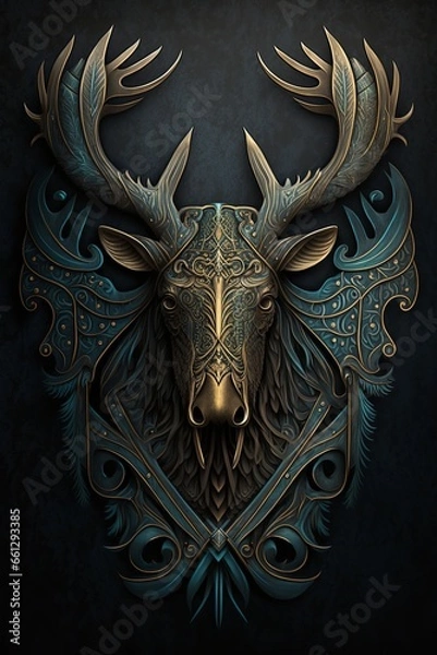 Fototapeta The moose head is facing straight ahead, with its mouth closed and its eyes wide open.