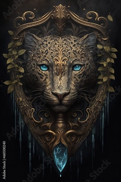 Fototapeta a leopard with piercing blue eyes and a shield on its back, set against a black background. The leopard is standing in a proud and defiant pose