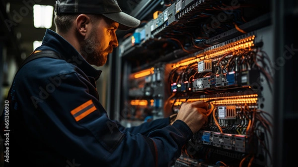 Fototapeta A male electrician works in a switchboard with an electrical connecting cable. Working professions concept
