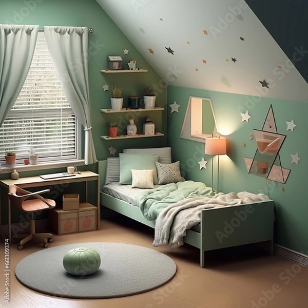Fototapeta a photo of 3d render of children room interior with furniture and toys. Generative AI