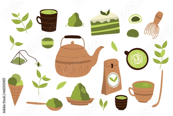 Fototapeta Matcha tea. Vector set of organic tea matcha powder, tea leaves, teapot, macarons, spoon, traditional cup, whisk, tools for Japanese ceremony. Matcha green tea ceremony. Doodle style.