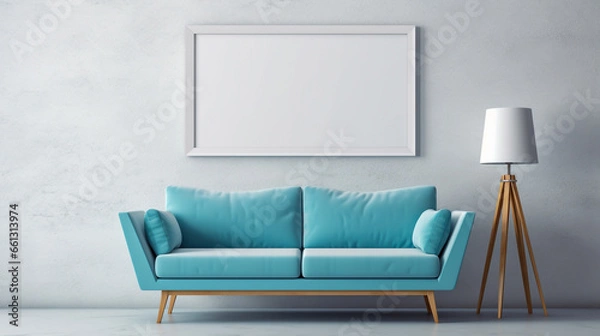 Fototapeta Living, waiting room with turquoise plush couch, lamp and large blank photo frame. Empty white poster with copy space. Light walls and floor. Front view background. Interior, mockup art concept. 