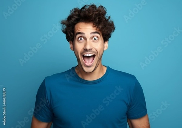 Fototapeta Wow, Young happy man excited. Surprised man portrait. Studio shot on blue background. Generative AI