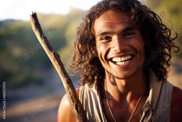 Fototapeta Young Aboriginal man chuckling, with a spear from wood in the background.