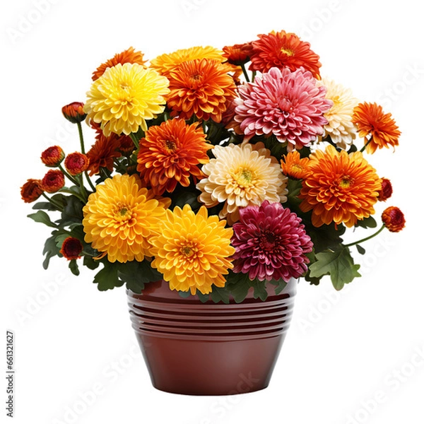 Obraz Chrysanthemums in a Fall-Themed Pot Isolated on Transparent or White Background, PNG