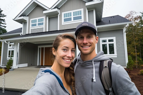 Fototapeta A happy couple stands proudly together in front of their new big, warm, and inviting home.