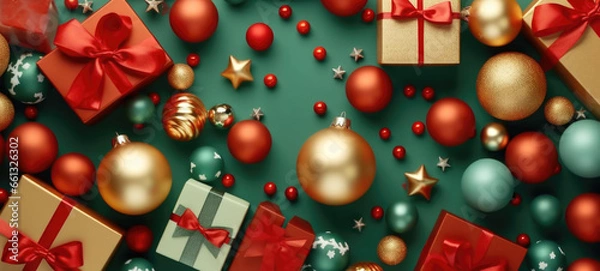 Fototapeta Christmas festive celebration greeting ball decorative ornament greeting festive colorful ball shiny element background. Gold red and green colours
