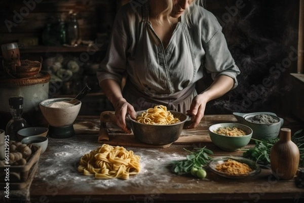 Fototapeta A woman is hand-making pasta in the kitchen. Created with Generative AI technology.