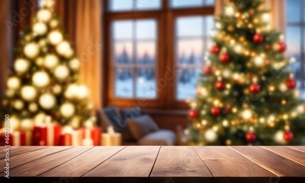 Fototapeta Empty woooden table top with abstract warm living room decor with christmas tree string light blur background with snow,Holiday backdrop,Mock up banner for display of advertise, Generative AI