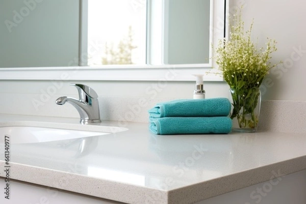 Fototapeta view of a clean bathroom counter surface