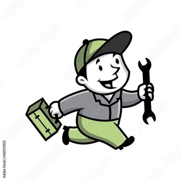 Obraz running handyman holding a double wrench.