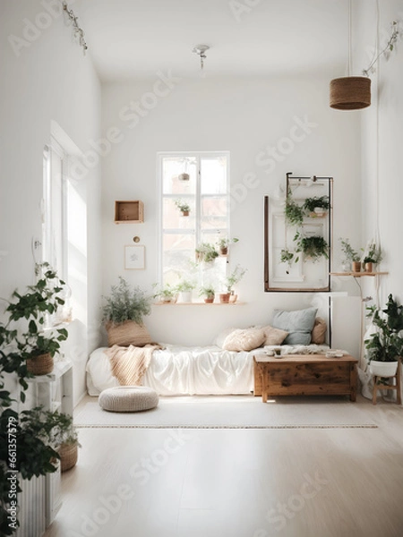 Fototapeta Captivating Homeliness Living Room. white color walls, sofa color is brown, wooden small table and plant with copy space