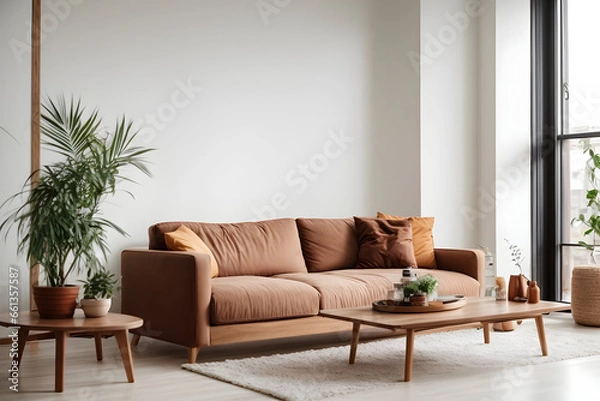 Obraz Captivating Homeliness Living Room. white color walls, sofa color is brown, wooden small table and plant with copy space