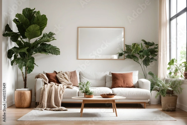 Fototapeta Captivating Homeliness Living Room. white color walls, sofa color is brown, wooden small table and plant with copy space