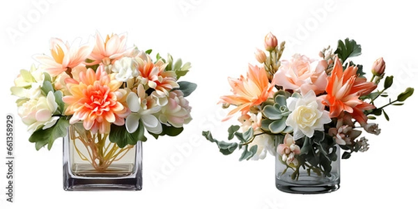Fototapeta Some pink and orange 3D flowers in vase, isolated on transparent background