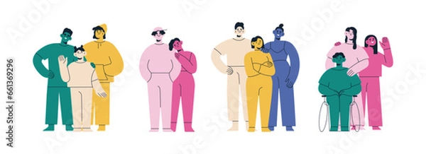 Fototapeta Abstract people groups set. Diverse colorful teams, different characters. Happy families with kid, couples, friends standing together, portraits. Flat vector illustration isolated on white background