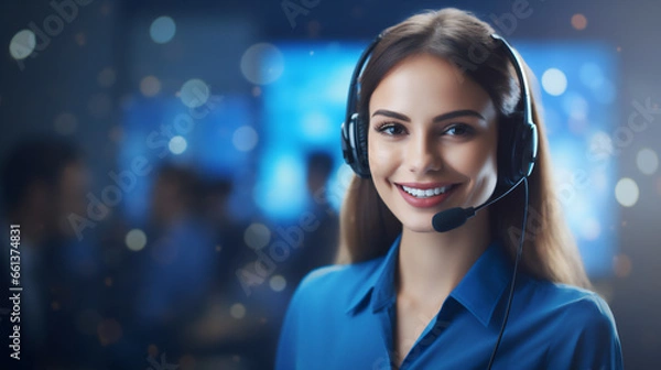 Fototapeta Call Center, young woman smiling, with CRM and headset with mic. Customer service.Ai generative.