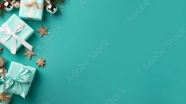 Fototapeta Christmas flat lay with a gifts on a turquoise background with a place for text. AI generated