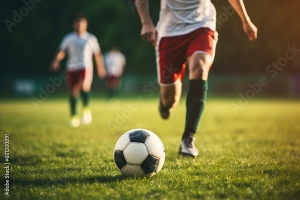 Fototapeta Unrecognizable soccer player hit the ball. AI generated