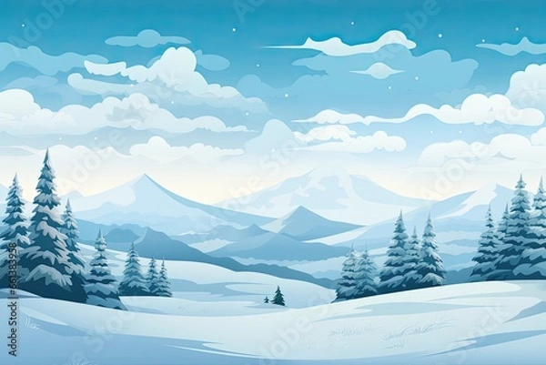 Fototapeta Winter scenery with snow covered trees. Blue tones. Christmas background. Generative AI