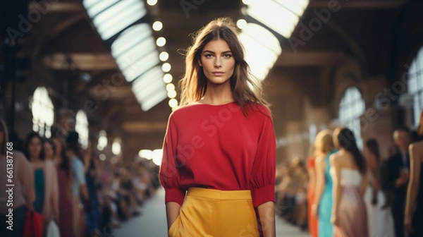 Fototapeta High fashion show with beautiful stylish young female models in fine casual colorful outfits. ai generative