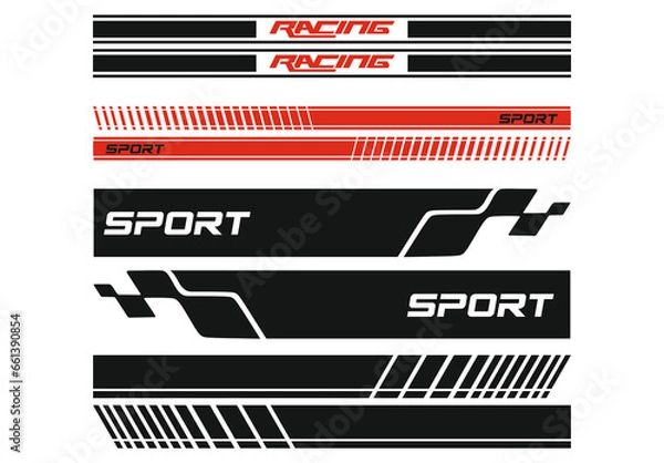Obraz Sport car decal stripes. Speed lines, racing tuning strips and car sticker vector set. Yellow vehicle marking elements for transport modifying isolated on black. Automobile identity
