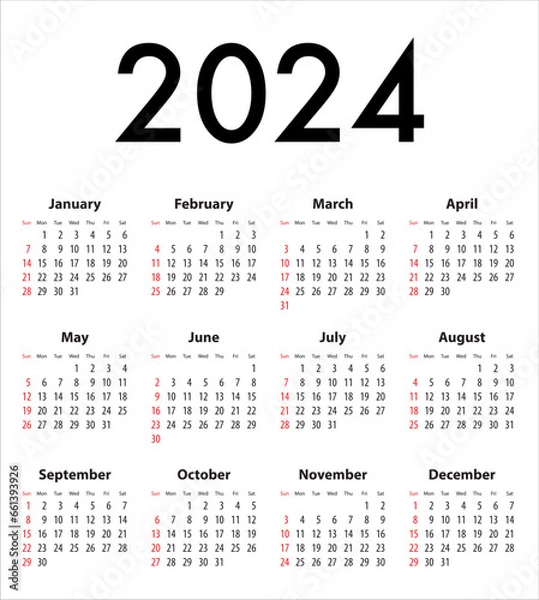 Fototapeta English Calendar grid for 2024. Best for calendar print, business, web design, office needs and presentations. Sundays first. Vector illustration