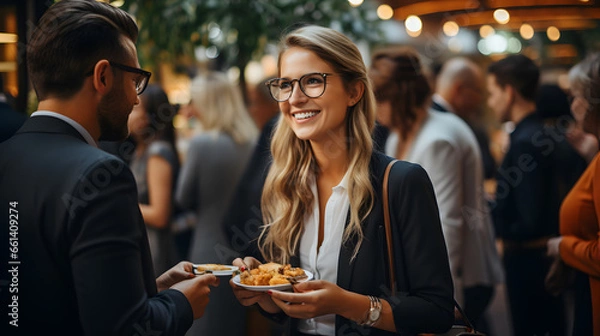 Fototapeta Emphasize the informal networking during coffee breaks with a photo of attendees mingling. Ensure space for conference branding and networking highlights. Great for business events.