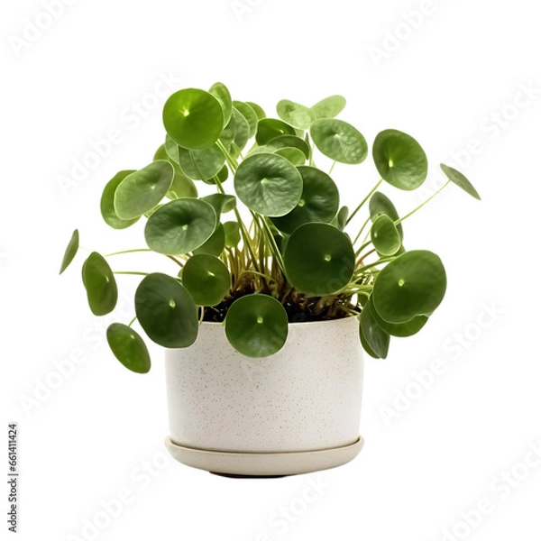 Obraz Pilea Peperomioides in White Pot Isolated on Transparent or White Background, PNG