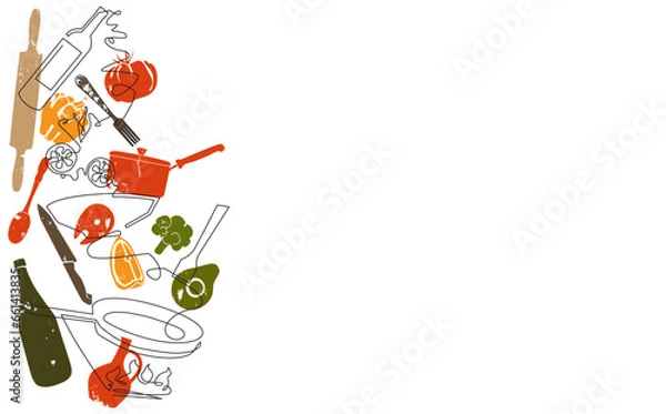 Fototapeta Cooking process vertical art on white  background. Meal preparation with food ingredients and utensils. Vector illustration.