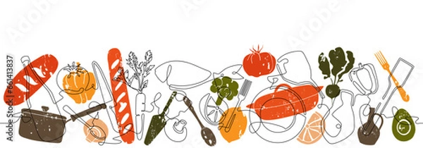 Fototapeta Cooking process on white background. Meal preparation from food ingredients. Vector illustration.